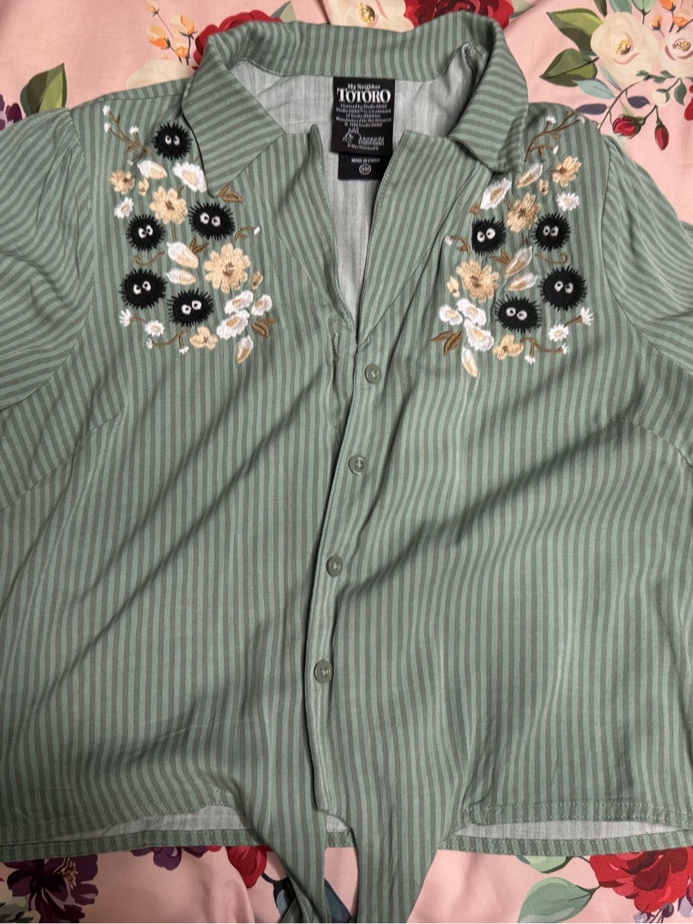 Hot Topic Sage Green Striped Button-Down Shirt with Embroidered Soot Sprites